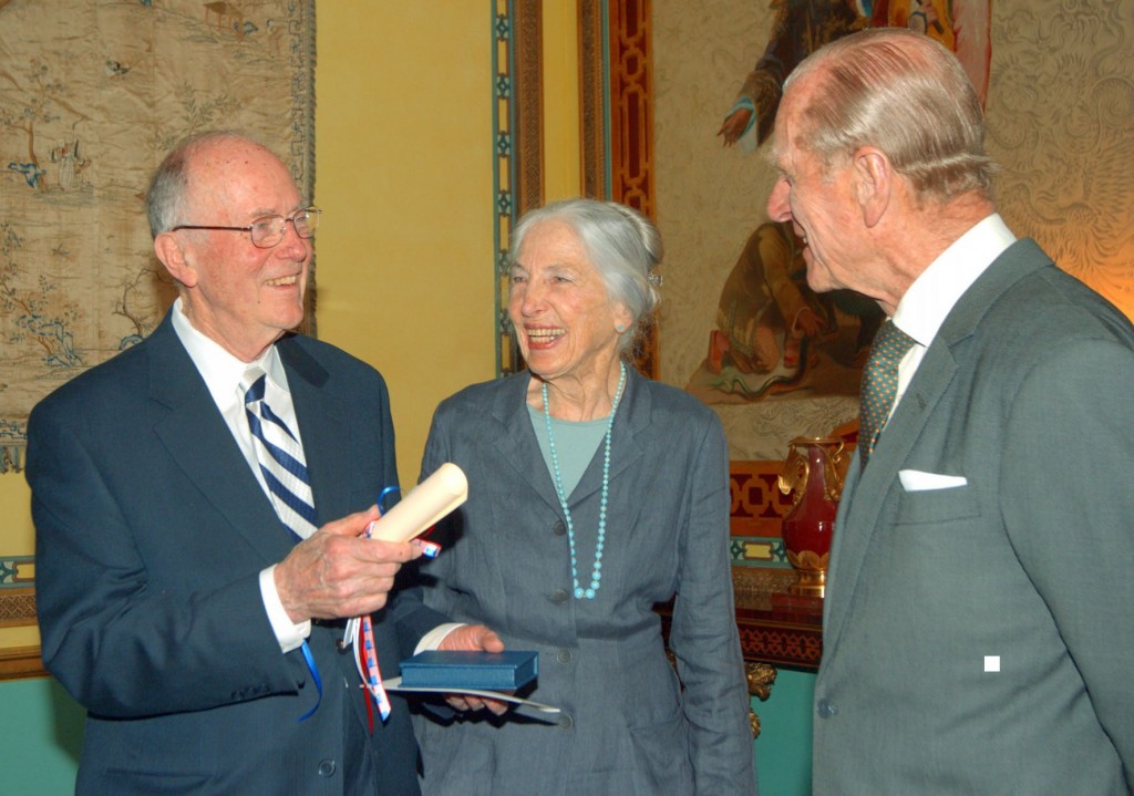 CAPTION: 2005 Templeton Prize Laureate Charles H. Townes, his wife Frances Townes, and HRH The Duke of Edinburgh, at the Templeton Prize presentation ceremony at Buckingham Palace, May 4th, 2005.  (Photo credit: Clifford Shirley/Templeton Prize)
